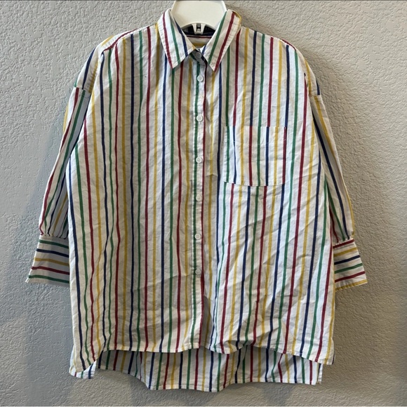 Pomander Place Tops - POMANDER PLACE Women's Sz. L Rainbow Striped Adair Boyfriend Shirt